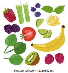 Fresh fruits, berries and herbs, a bright colorful summer set. Vector illustration of strawberries, spinach, blackberries, raspberries, lemon, lime, celery, ice, mint, tomato, blueberries.