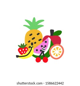 Fresh fruits and berries lying on the table. Vector illustration of food ingredients: pineapple, strawberry, cherry, orange, watermelon, banana, apple. All elements could be separated. 