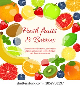Fresh fruits and berries. Fresh fruits, Natural food, Detox, Healthy eating, Vegan concept. Vector illustration for poster, banner, flyer, menu, cover, advertising.