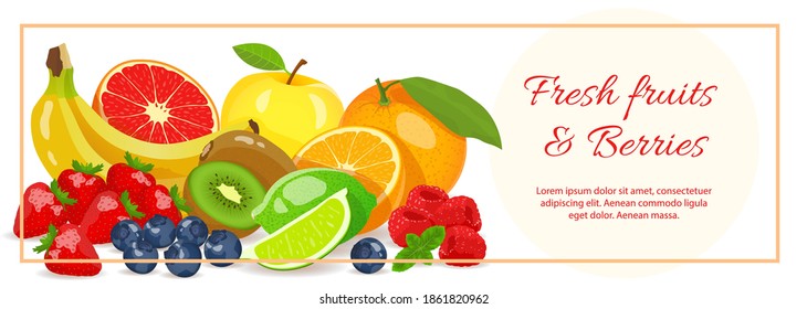 Fresh fruits and berries. Fresh fruits, Natural food, Detox, Healthy eating, Vegan concept. Horizontal vector illustration for poster, banner, flyer, menu, cover, advertising.