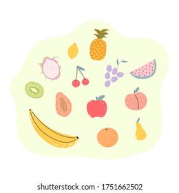 Fresh fruits and berries. A set of fruits: apple, lemon, banana, orange, pear, pineapple, grape, cherry, papaya, watermelon, pitaya. Vector illustration  