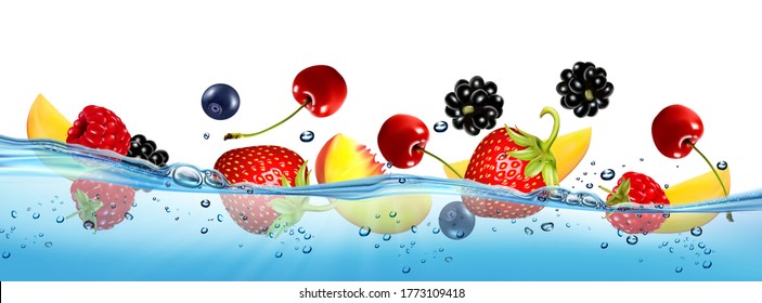 Fresh fruits and berries splashing in water waves with air bubbles and sunbeams. Raspberry, blueberry, strawberry, peach, cherry, mango. Vector.