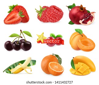 Fresh fruits and berries. Strawberry, raspberry, pomegranate, cherry, apricot, banana, orange, mango. 3d realistic vector set