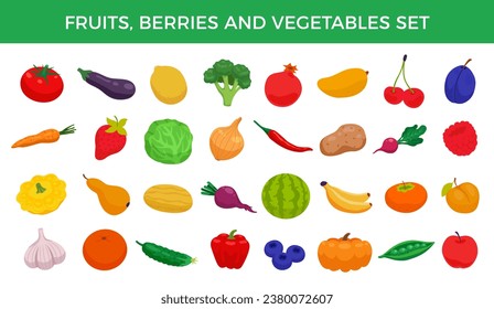 Fresh fruits, berries and vegetables set in flat cartoon style, isolated on white background. Farm market icons. Healthy nutrition menu, vegetarian products, food