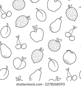 Fresh fruits black and white seamless pattern in cartoon style. Healthy food doodle background with apple, cherry, lemon for coloring page. Vector illustration