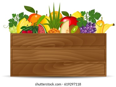 Fresh fruits in a box illustration. Healthy fruits  food banners. Fresh organic food, healthy eating.  Wooden box with fresh fruits