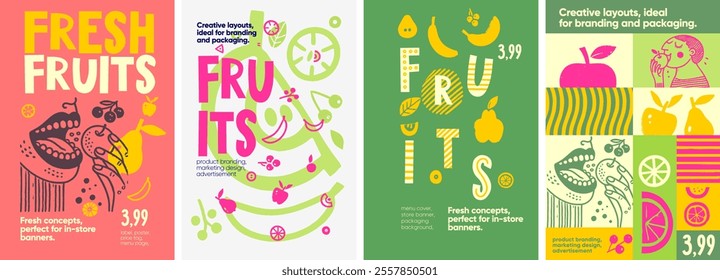 Fresh Fruits. Bright fruit-themed layouts with hand-drawn illustrations and vivid colors, perfect for packaging, market tags, and promotional flyers.