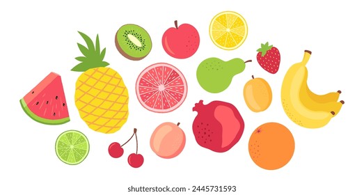 Fresh fruits bunch flat design. Summer fruit icons set.