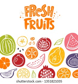 Fresh fruits card. Whole, half, sliced, bitten. Fig, pomegranate, pear, watermelon, tangerine, persimmon, lemon. Hand drawn vector illustration for cafe, menu, shop, bar, restaurant, poster, sticker