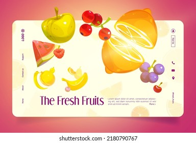 Fresh fruits cartoon landing page. Summer juicy lemon, red currant, apple, cherry and grapes, watermelon, banana, raspberry and pear flying. Healthy food advertising, store and shop Vector web banner