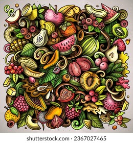 Fresh Fruits cartoon vector doodles illustration. Nature food elements and objects background. Bright colors funny picture. All items are separated