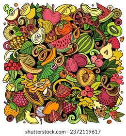 Fresh Fruits cartoon vector doodles illustration. Nature food elements and objects background. Bright colors funny picture. All items are separated