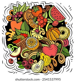 Frutas frescas vetor desenhos animados doodles ilustração. Natureza elementos de alimentos e objetos fundo. Cores brilhantes imagem engraçada