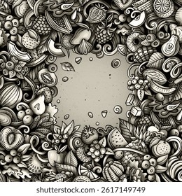 Fresh Fruits cartoon vector doodles frame illustration. Nature food elements and objects background. Monochrome funny picture. All items are separated