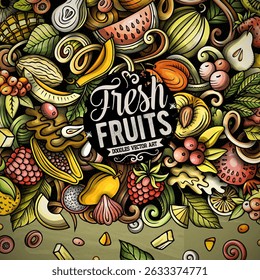 Fresh Fruits cartoon vector doodles frame illustration. Nature food elements and objects background. Bright colors funny picture. All items are separated