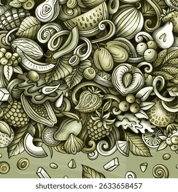 Fresh Fruits cartoon vector doodles frame illustration. Nature food elements and objects background. Monochrome funny picture. All items are separated