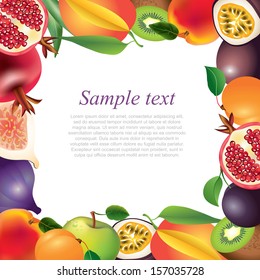 Fresh fruits closeup frame background in vector