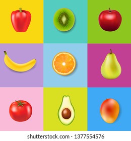 Fresh Fruits With Colorful Background With Gradient Mesh, Vector Illustration