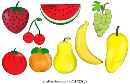 fresh Fruits Colorful Vector set collection,  vegetarian, healthy food, and freshness fruit group  (banana, tomato, pear, orange, grape, cherry, watermelon strawberry)