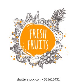 Fresh fruits concept. Hand drawn vector illustration. Round circle composition. Carambola, papaya, watermelon, pear, honeydew, coconut, kumquat, grapefruit, banana, persimmon, pomegranate, pineapple.
