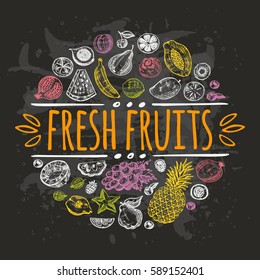 Fresh fruits concept. Hand drawn vector illustration. Round circle composition. Can be used for shop, market, logo, emblem, sticker. Carambola, papaya, honeydew, coconut, persimmon.