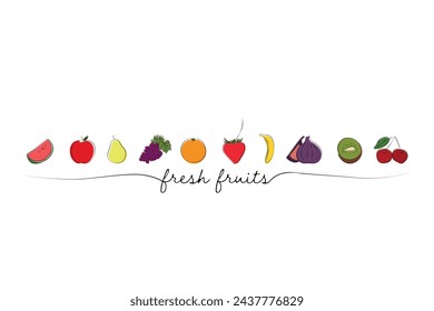 fresh fruits concept. line art drawing style various fruits set. watermelon, apple, pear, grape, orange, strawberry, banana, fig, kiwi and cherry vector illustration. Set of modern fruits icons.