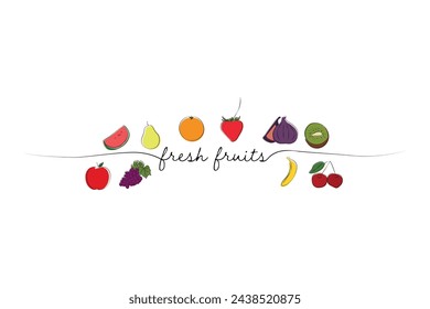 fresh fruits concept. line art drawing style various fruits set. watermelon, apple, pear, grape, orange, strawberry, banana, fig, kiwi and cherry vector illustration. Set of modern fruits icons.