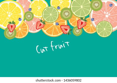  Fresh fruits cut in half (orange, pink grapefruit, lime, kiwi,　grapefruit,strawberry,blueberry) in a row isolated on white background with clipping path
