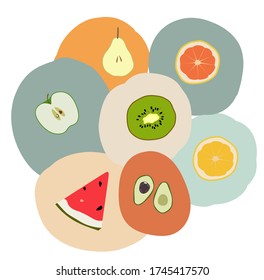 Fresh fruits cut in half orange, apple, pink grapefruit, watermelon, kiwi, pear, avocado, and lime.
A decorative fruite set.