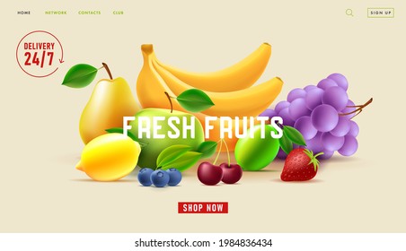 Fresh fruits delivery service web banner with 3d illustration of fresh fruits with twenty four seven icon, landing page template