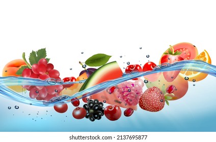 Fresh fruits and and different berries in transparent water. Vector illustration