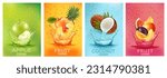 Fresh fruits drink splashing together- pear, apple, plum, apricot, cococnut, mango, pinrapple, banana, orangre juice drink splashing. 3d fresh fruit. Vector illustration