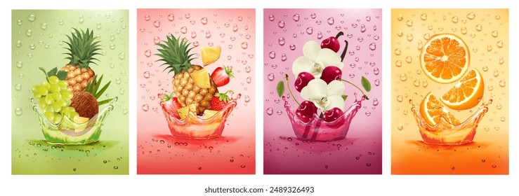 Bebida de frutas frescas salpicando juntos- coco, vainilla, piña, cereza, fresa, uva, jugo de naranja bebida salpicando. Fruta fresca 3d. Ilustración vectorial