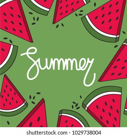 Fresh fruits and english text, hand drawn backdrop. Colorful wallpaper vector. Ripe watermelon. Decorative illustration, good for printing. Overlapping background design, lettering. Summer