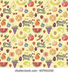 Fresh fruits flat style seamless background. Healthy food pattern. Vector. Old style. Grange.