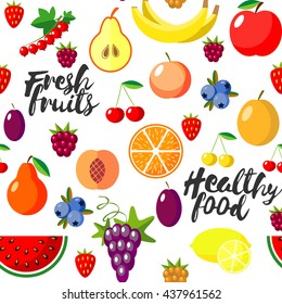 Fresh fruits flat style seamless background. Healthy food pattern. Vector