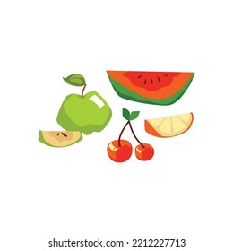 Frutas frescas. ilustración vectorial plana aislada en fondo blanco. Apple, sandía y cereza. Conceptos de verano, cosecha y agricultura. Frutas dulces deliciosas y saludables.