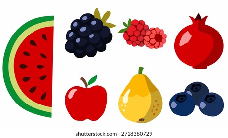 Frutas frescas en estilo de Vector plano para un diseño de alimentos saludables. Perfecto para proyectos de nutrición, marca de comestibles, menús, empaques, App y visuales de bienestar.