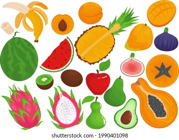 Fresh fruits food, isolated on white set. Healthy banana, vegetarian orange, sweet pear and organic pineapple collection. Tropical product