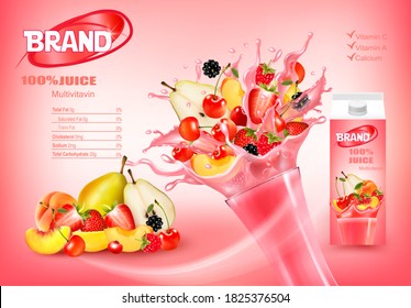 Fresh fruits and forest berries in splash liquid.Whole and sliced raspberry, blackberry, cherry, mango, peach and pear in a  pink juice with splashes.  Design template. Vector