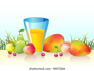 fresh fruits and glass of  juice