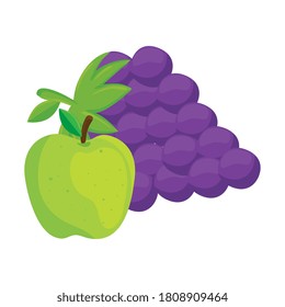 fresh fruits, grapes and green apple, in white background vector illustration design