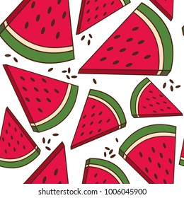 Fresh fruits, hand drawn backdrop. Colorful wallpaper vector. Seamless pattern with ripe watermelon. Decorative illustration, good for printing. Overlapping background design