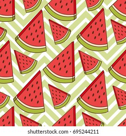 Fresh fruits, hand drawn backdrop. Colorful wallpaper vector. Seamless pattern with ripe watermelon. Decorative illustration, good for printing. Overlapping background design