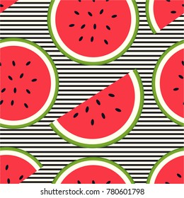 Fresh fruits, hand drawn backdrop. Colorful wallpaper vector. Seamless pattern with ripe watermelon. Decorative illustration, good for printing. Overlapping background design