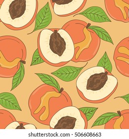 Fresh fruits icon hand drawn background. Colorful wallpaper vector. Seamless pattern with peaches set. Decorative illustration, good for printing