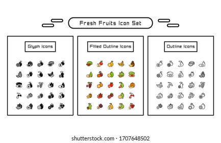 Fresh fruits icon pack. With outline, glyph, and filled outline style