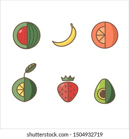 Fresh fruits icon vector set. Banana, orange, avocado, strawberry, lime and watermelon om white background