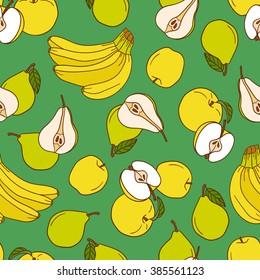 Fresh fruits icons hand drawn background. Colorful wallpaper vector. Seamless pattern with pears, apples and bananas set. Decorative illustration, good for printing