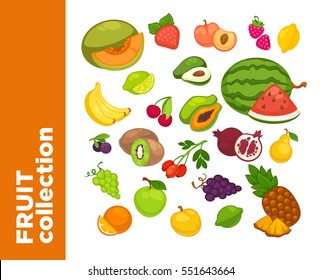 Fresh fruits icons set. Collection of vector sweet vegetarian food illustration: pear and strawberry, orange, apple and banana, peach, lemon and watermelon, pineapple and papaya. Healthy symbols